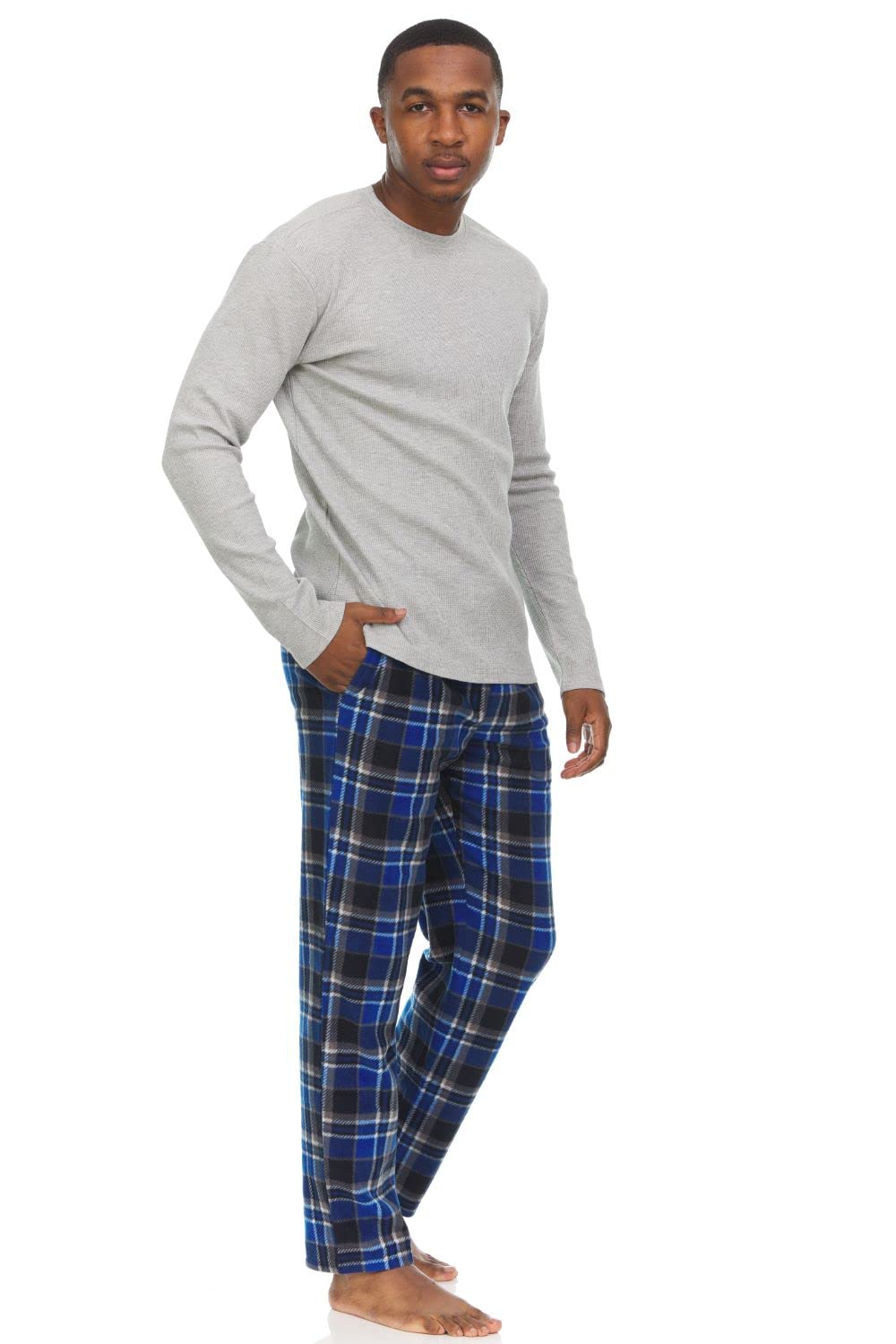 Swiss Alps Mens 2-Piece Pajama Set - Long Sleeve Thermal Top and Micro Fleece Plaid Pants, Black Heather, XL - Image 3