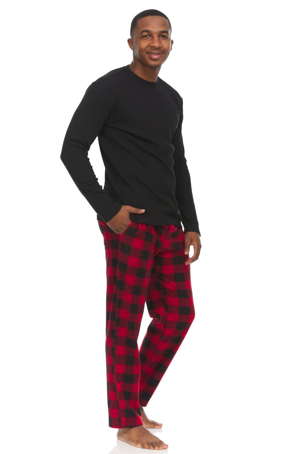 Swiss Alps Mens 2-Piece Pajama Set - Long Sleeve Thermal Top and Micro Fleece Plaid Pants, Black/Red, XXL - Image 3